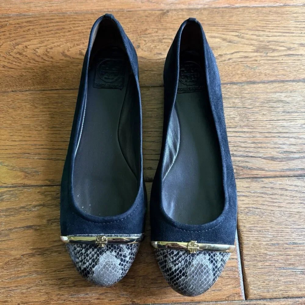 Tory Burch Pacey Driver Black Suede & Snakeskin With Gold Bar Ballet Flats 10.5